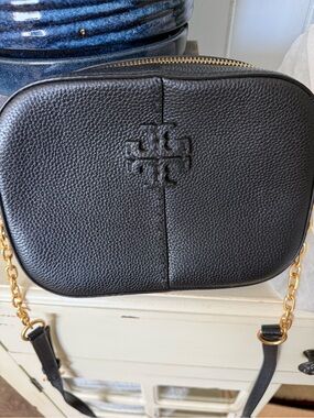 Tory Burch Black Pebbled Leather Camera Crossbody with Gold Chain